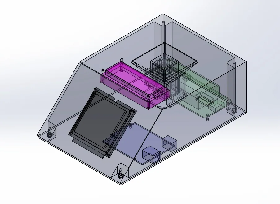 แบบ CAD ของ​ตัว​เรือน แสดง​การ​จัด​วาง​เซนเซอร์ ช่อง​ใส่​ตัวอย่าง จอ และ​วงจร​ภายใน